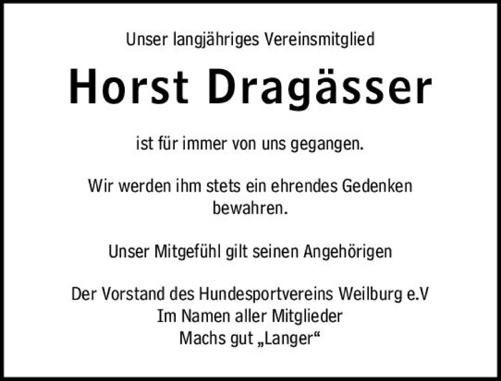  Traueranzeige für Horst Dragässer vom 07.12.2023 aus Weilburger Tageblatt