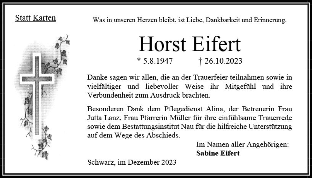  Traueranzeige für Horst Eifert vom 23.12.2023 aus Oberhessen Kurier