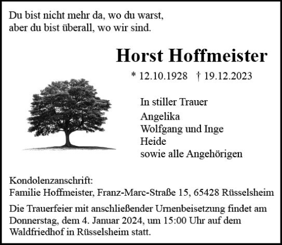 Traueranzeige von Horst Hoffmeister von Rüsselsheimer Echo