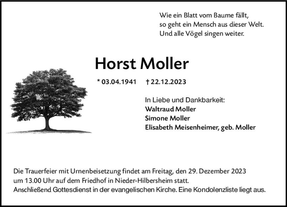  Traueranzeige für Horst Moller vom 28.12.2023 aus Allgemeine Zeitung Bingen/Ingelheim