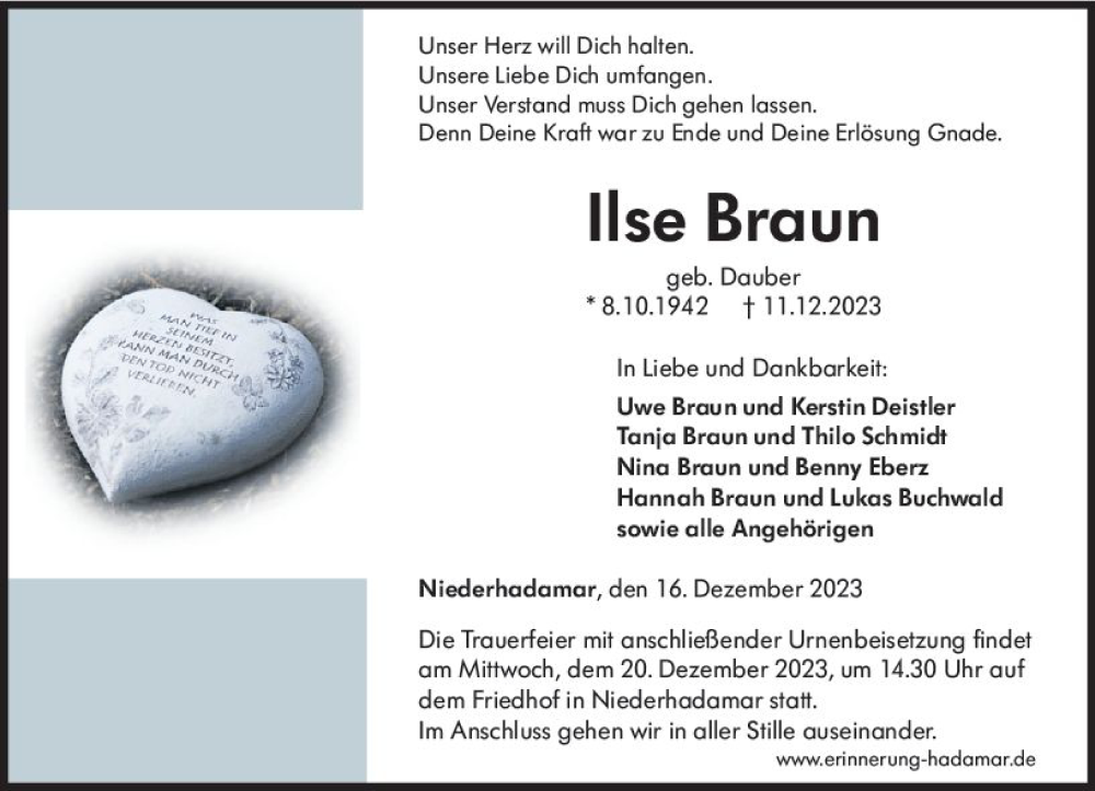  Traueranzeige für Ilse Braun vom 16.12.2023 aus Nassauische Neue Presse