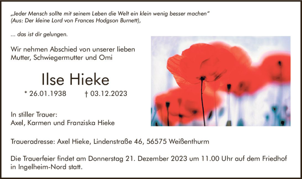  Traueranzeige für Ilse Hieke vom 16.12.2023 aus Allgemeine Zeitung Bingen/Ingelheim