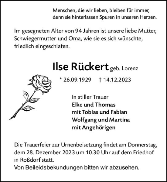 Traueranzeige von Ilse Rückert von Darmstädter Echo