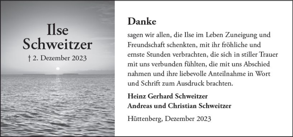  Traueranzeige für Ilse Schweitzer vom 23.12.2023 aus Wetzlarer Neue Zeitung