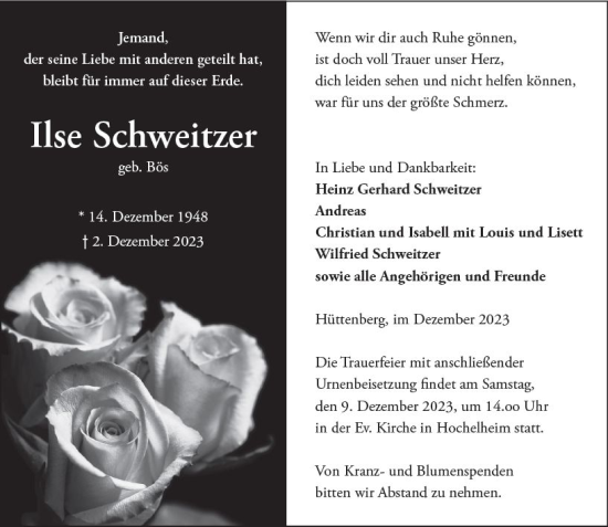 Traueranzeige von Ilse Schweitzer von Wetzlarer Neue Zeitung