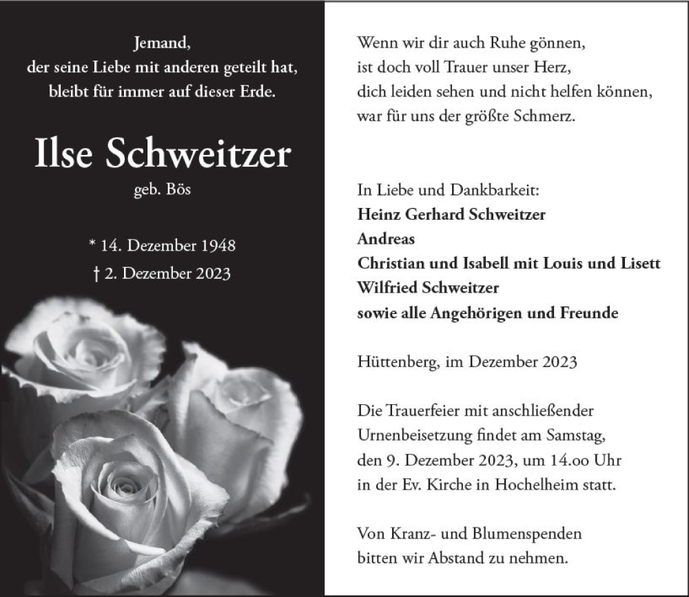  Traueranzeige für Ilse Schweitzer vom 06.12.2023 aus Wetzlarer Neue Zeitung