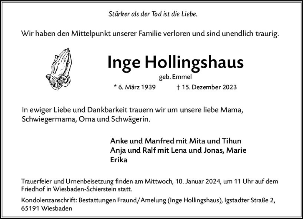  Traueranzeige für Inge Hollingshaus vom 23.12.2023 aus Nassauische Neue Presse