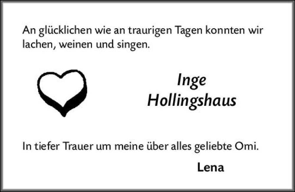  Traueranzeige für Inge Hollingshaus vom 23.12.2023 aus Wiesbadener Kurier