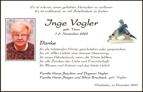 Traueranzeige von Inge Vogler von Wiesbadener Kurier