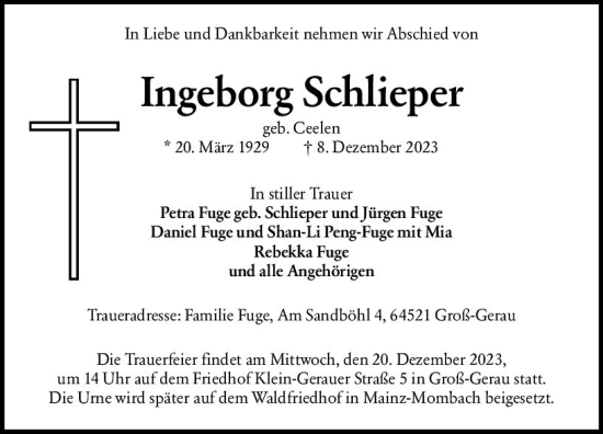 Traueranzeige von Ingeborg Schlieper von Groß-Gerauer Echo