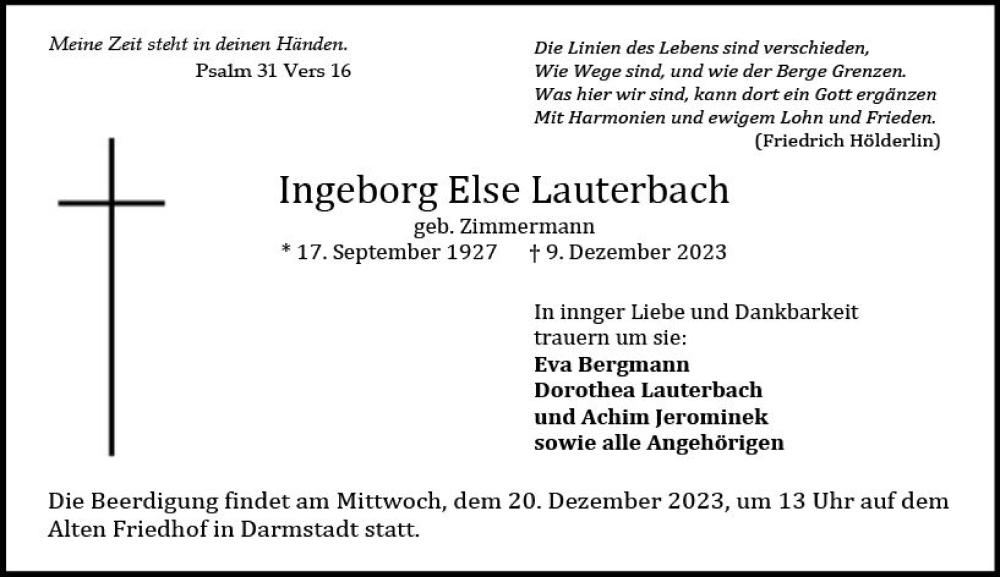  Traueranzeige für Ingeborg Else Lauterbach vom 16.12.2023 aus Darmstädter Echo