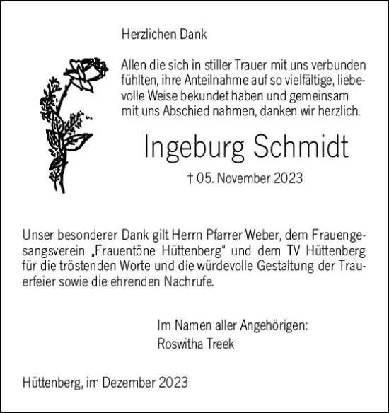 Traueranzeige von Ingeburg Schmidt von Wetzlarer Neue Zeitung