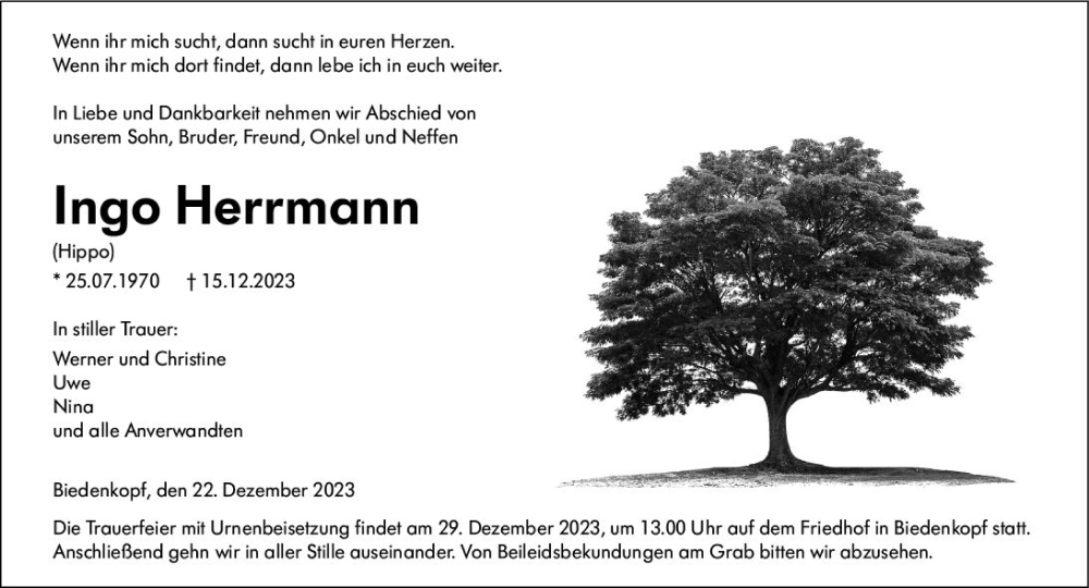  Traueranzeige für Ingo Herrmann vom 22.12.2023 aus Hinterländer Anzeiger