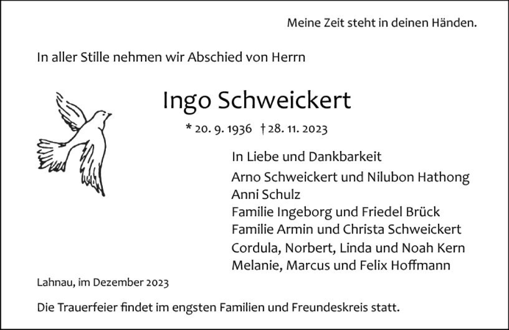  Traueranzeige für Ingo Schweickert vom 02.12.2023 aus Wetzlarer Neue Zeitung