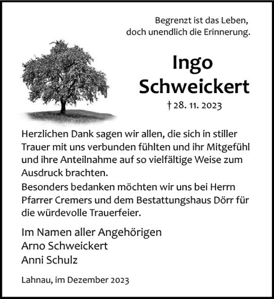  Traueranzeige für Ingo Schweickert vom 23.12.2023 aus Wetzlarer Neue Zeitung