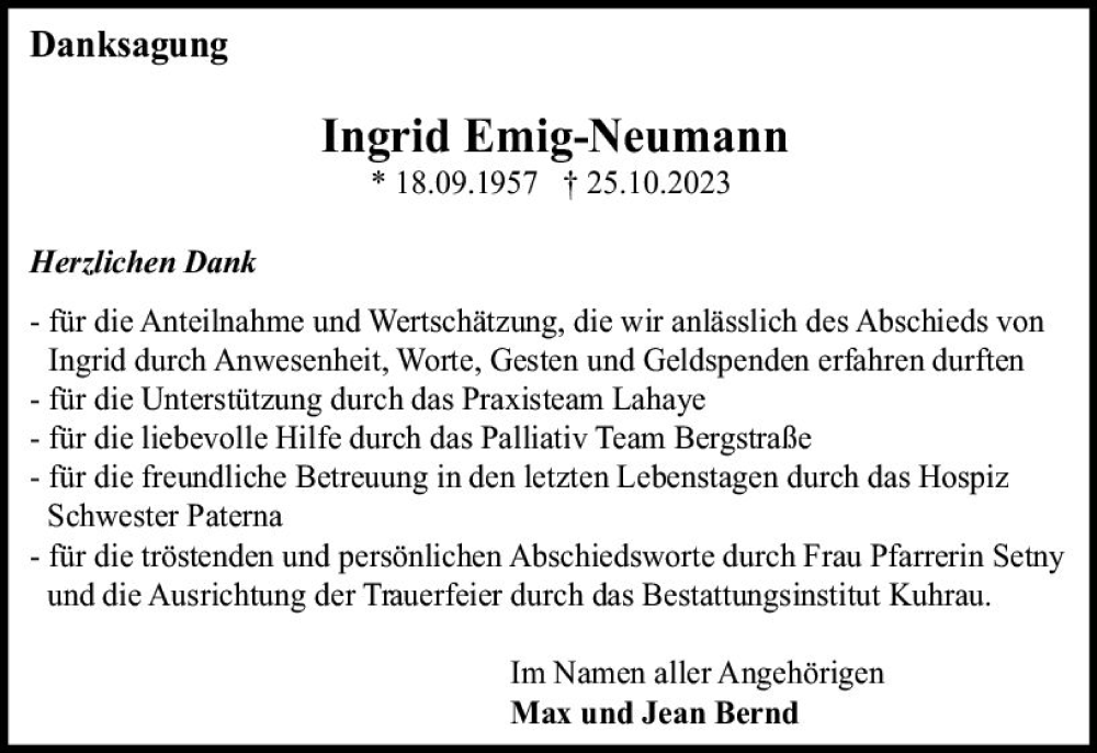  Traueranzeige für Ingrid Emig-Neumann vom 02.12.2023 aus Starkenburger Echo