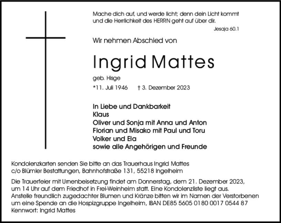 Traueranzeige von Ingrid Mattes von Allgemeine Zeitung Bingen/Ingelheim