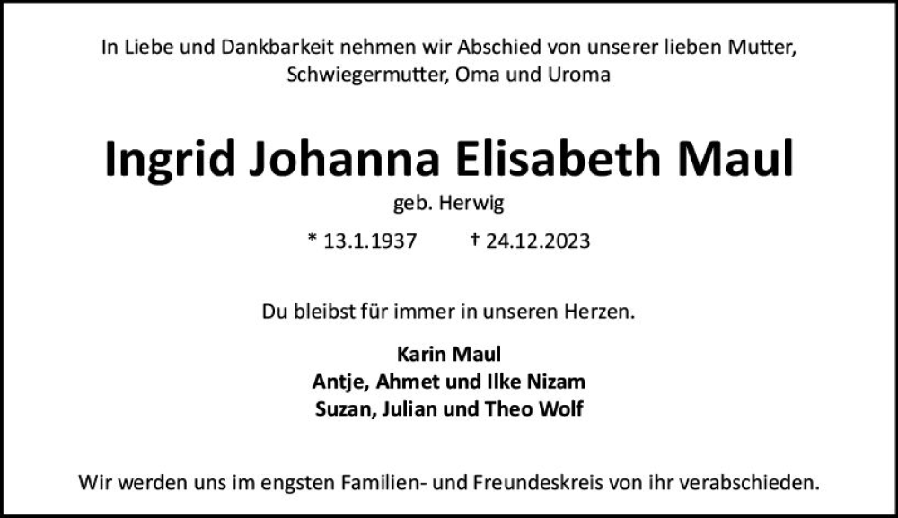  Traueranzeige für Ingrid Johanna Elisabeth Maul vom 30.12.2023 aus Darmstädter Echo