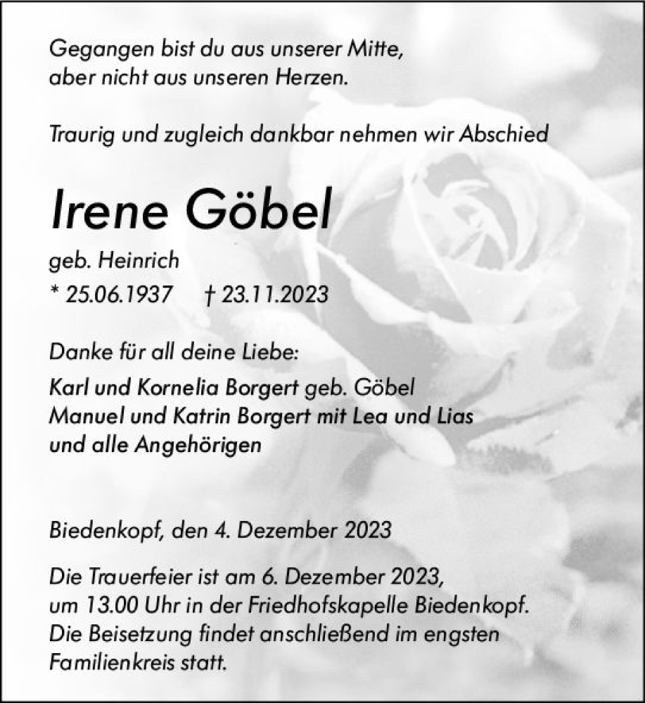  Traueranzeige für Irene Göbel vom 04.12.2023 aus Hinterländer Anzeiger