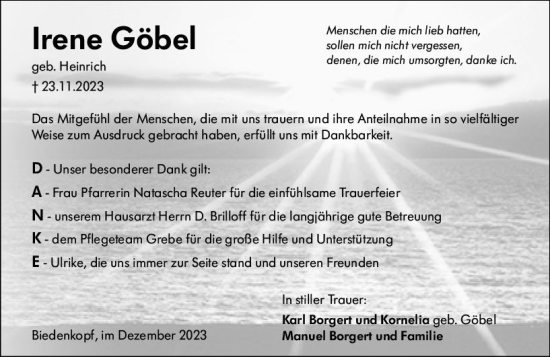 Traueranzeige von Irene Göbel von Hinterländer Anzeiger