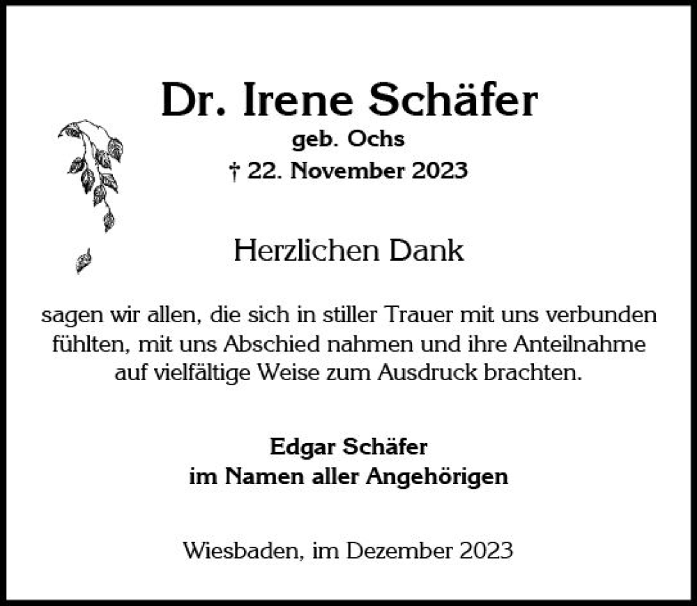  Traueranzeige für Irene Schäfer vom 23.12.2023 aus Wiesbadener Kurier