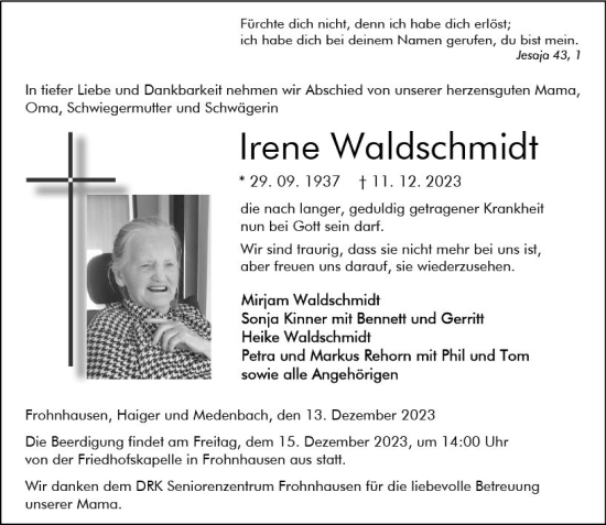 Traueranzeige von Irene Waldschmidt von Dill Block