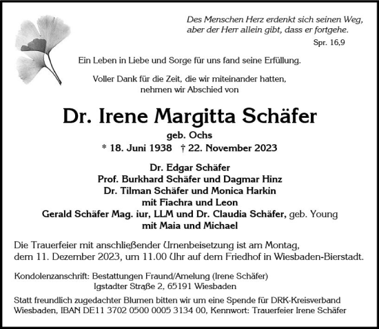 Traueranzeige von Irene Margitta Schäfer von Wiesbadener Kurier