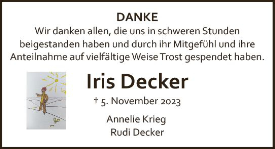Traueranzeige von Iris Decker von Allgemeine Zeitung Bad Kreuznach
