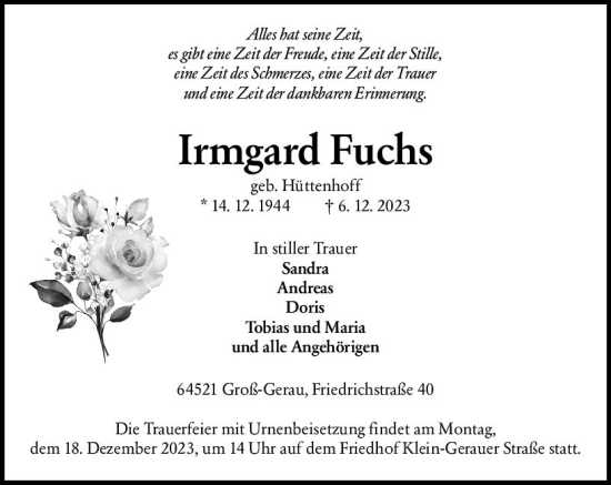 Traueranzeige von Irmgard Fuchs von Groß-Gerauer Echo