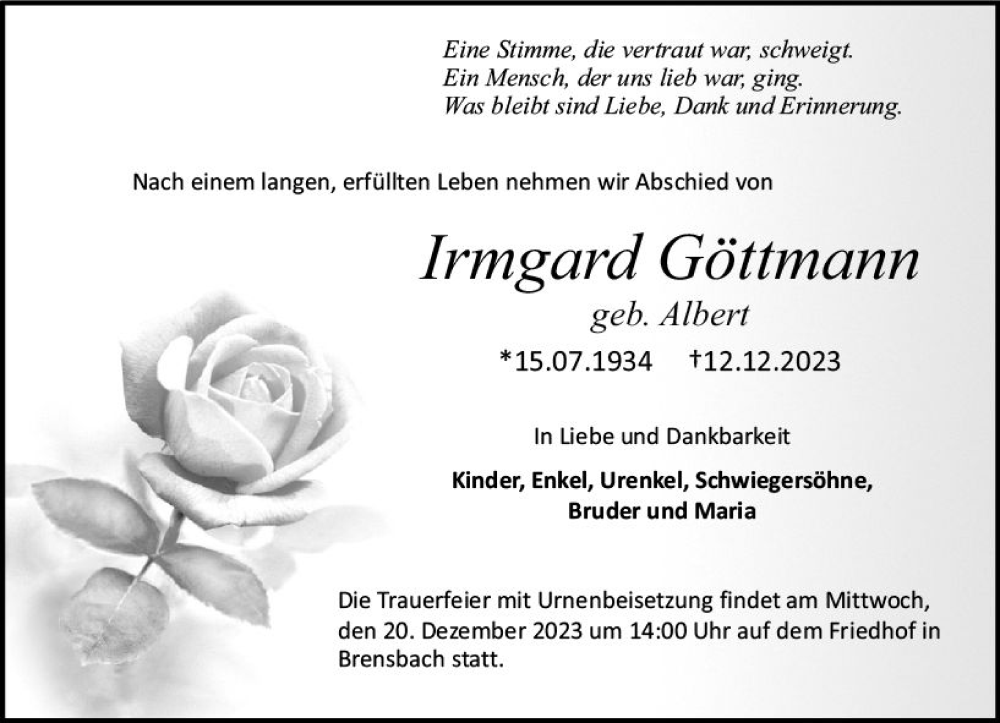  Traueranzeige für Irmgard Göttmann vom 16.12.2023 aus Odenwälder Echo
