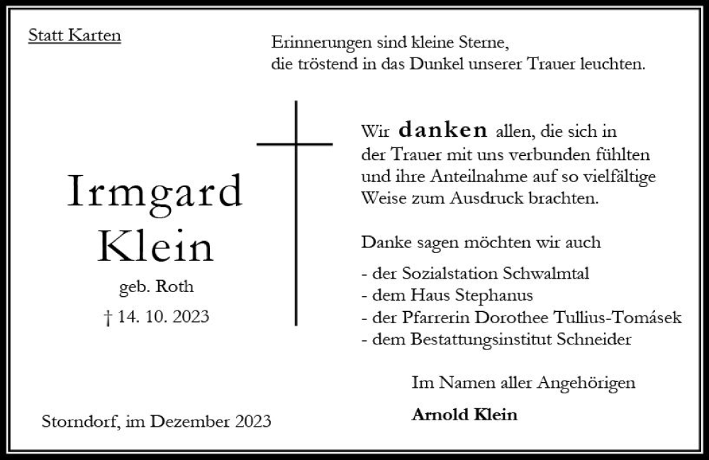 Traueranzeige für Irmgard Klein vom 16.12.2023 aus Oberhessen Kurier