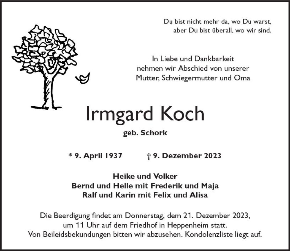  Traueranzeige für Irmgard Koch vom 16.12.2023 aus Starkenburger Echo