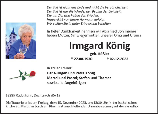 Traueranzeige von Irmgard König von Rheingau Kurier