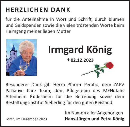 Traueranzeige von Irmgard König von Rheingau Kurier