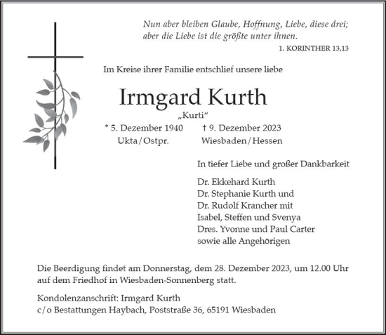 Traueranzeige von Irmgard Kurth von Wiesbadener Kurier