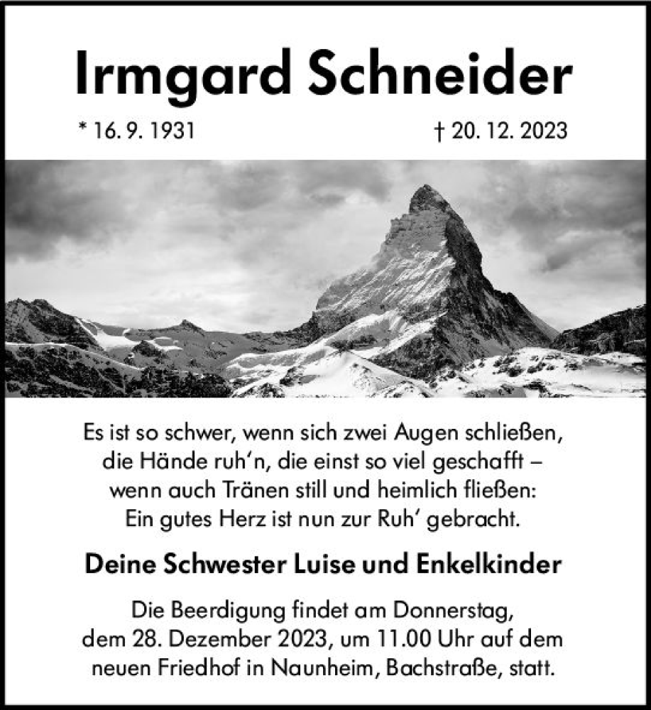  Traueranzeige für Irmgard Schneider vom 23.12.2023 aus Wetzlarer Neue Zeitung