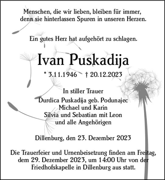 Traueranzeige von Ivan Puskadija von Dill Block