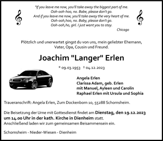 Traueranzeige von Joachim Erlen von Allgemeine Zeitung Alzey