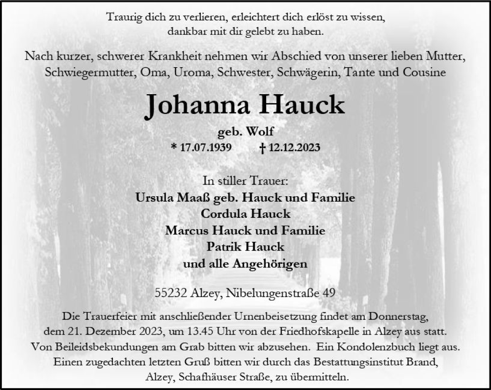  Traueranzeige für Johanna Hauck vom 16.12.2023 aus Allgemeine Zeitung Alzey
