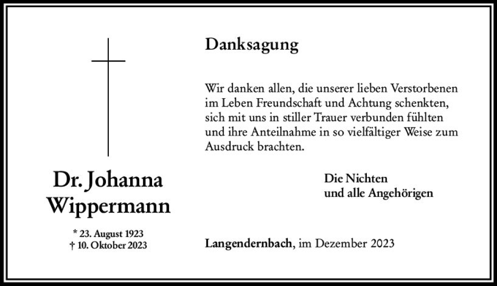  Traueranzeige für Johanna Wippermann vom 09.12.2023 aus Nassauische Neue Presse