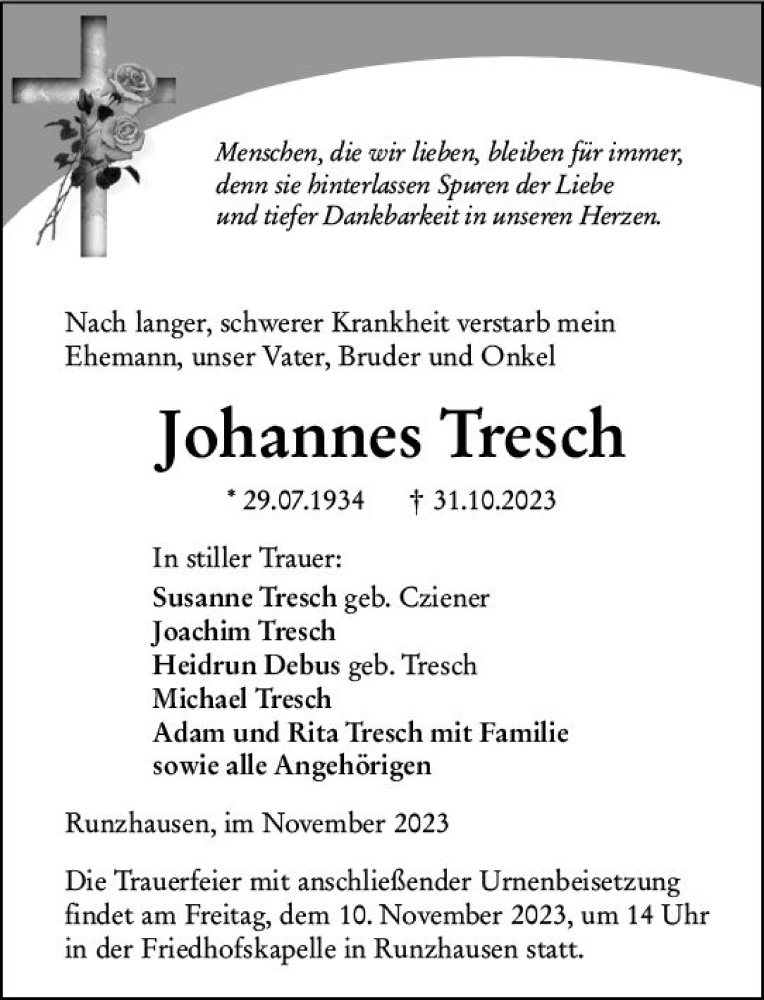  Traueranzeige für Johannes Tresch vom 07.11.2023 aus Hinterländer Anzeiger