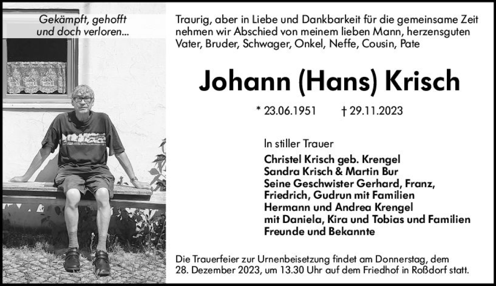  Traueranzeige für Johann Hans Krisch vom 16.12.2023 aus Darmstädter Echo