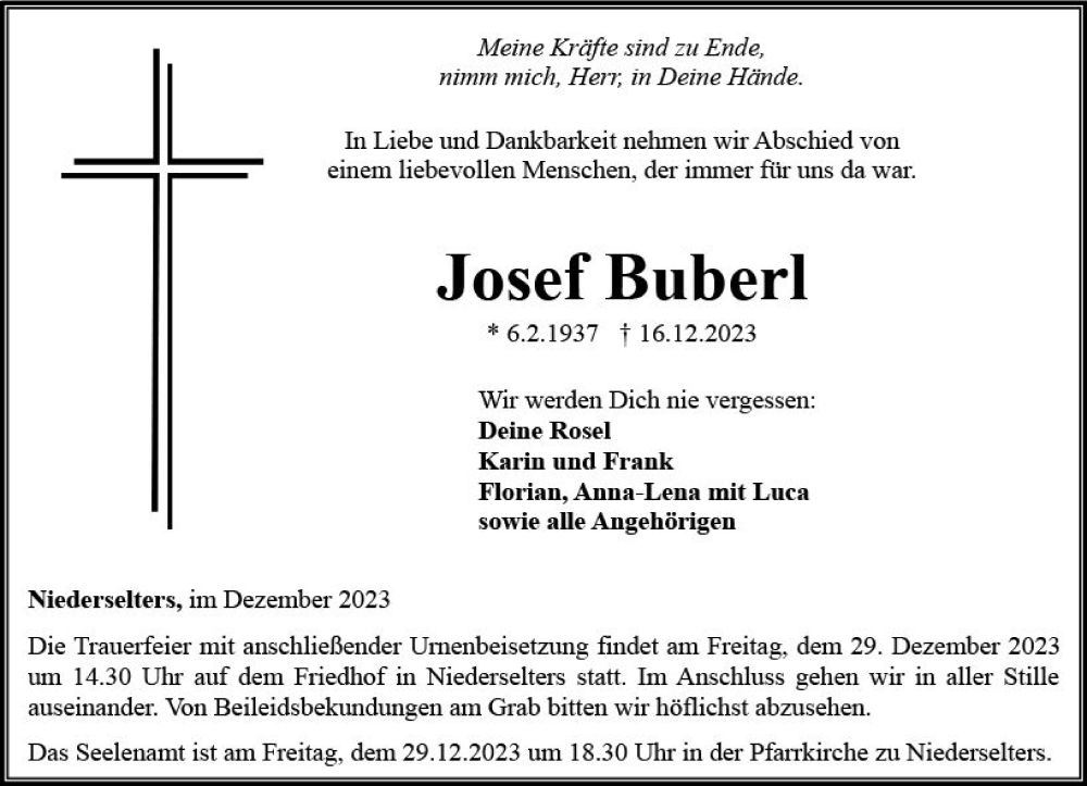  Traueranzeige für Josef Buberl vom 21.12.2023 aus Camberger Anzeiger