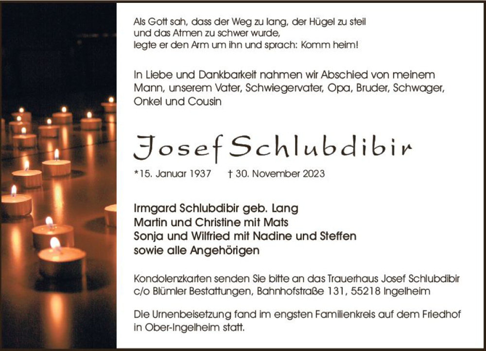  Traueranzeige für Josef Schlubdier vom 23.12.2023 aus Allgemeine Zeitung Bingen/Ingelheim