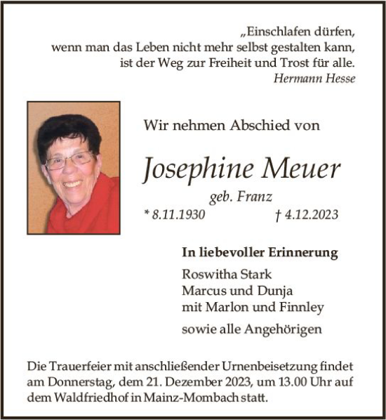 Traueranzeige von Josephine Meuer von Allgemeine Zeitung Mainz