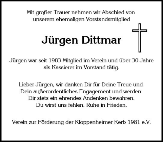 Traueranzeige von Jürgen Dittmar von Wiesbadener Kurier