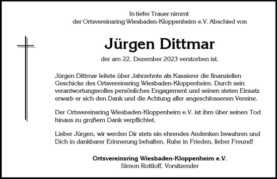 Traueranzeige von Jürgen Dittmar von Wiesbadener Kurier