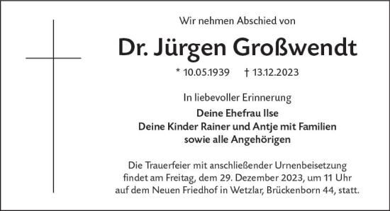 Traueranzeige von Jürgen Großwendt von Dill Block