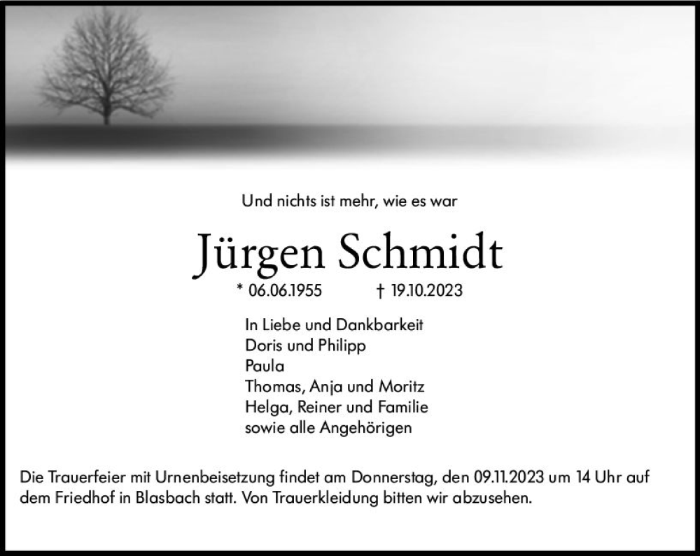  Traueranzeige für Jürgen Schmidt vom 07.11.2023 aus Wetzlarer Neue Zeitung
