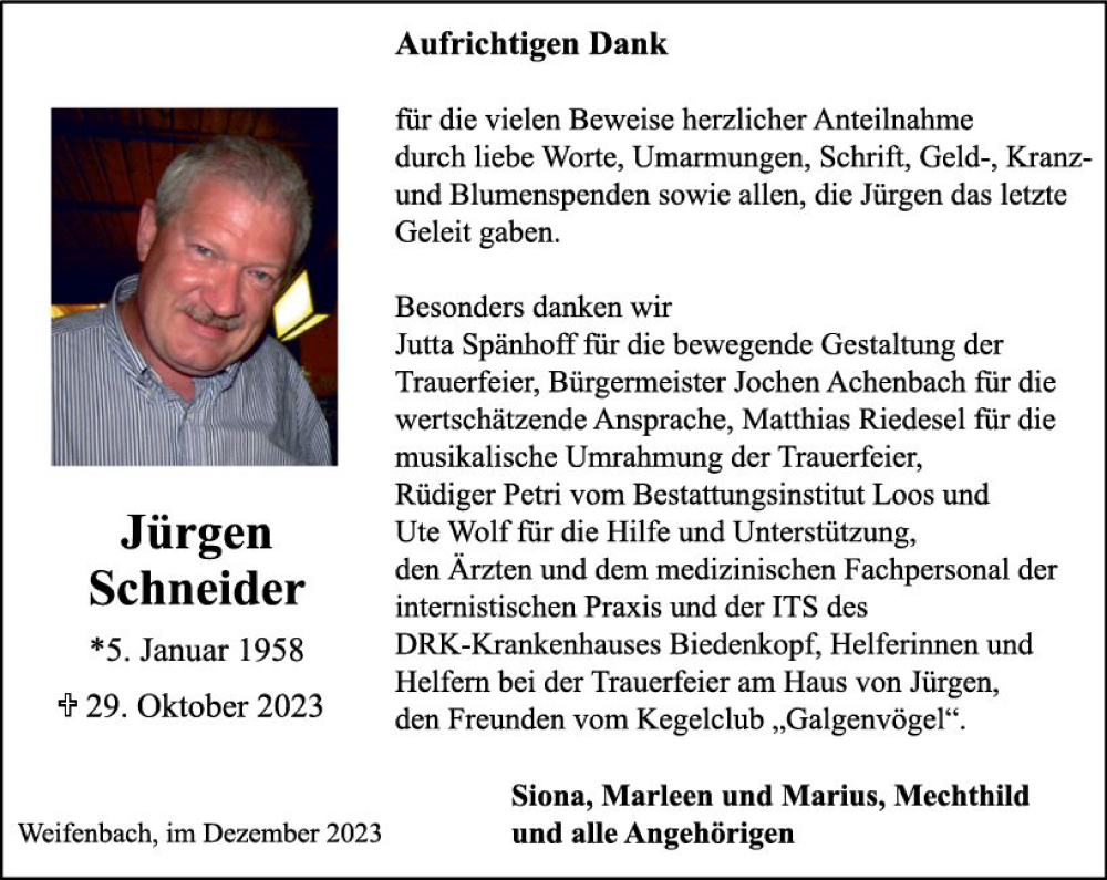  Traueranzeige für Jürgen Schneider vom 27.12.2023 aus Hinterländer Anzeiger